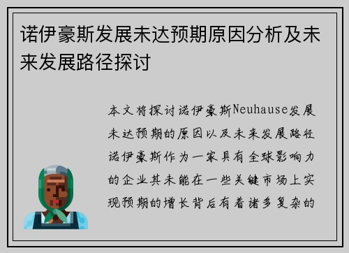 诺伊豪斯发展未达预期原因分析及未来发展路径探讨